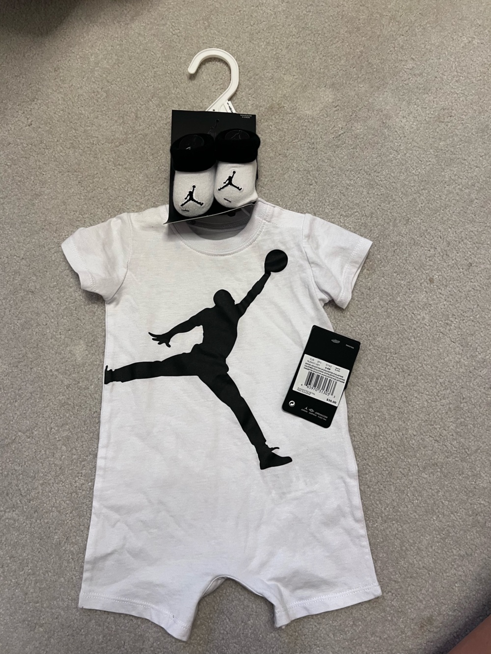 Jordan White Short-Sleeve Baby Romper with matching booties